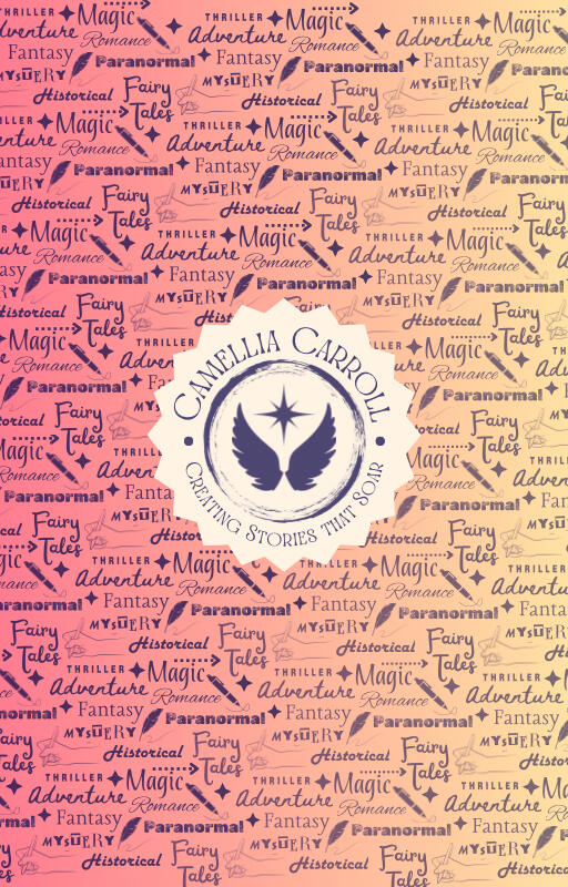 Camellia Carroll Logo A logo featuring angel wings and a star with decorative text behind it. It says Camellia Carroll: author, editor, cover designer.